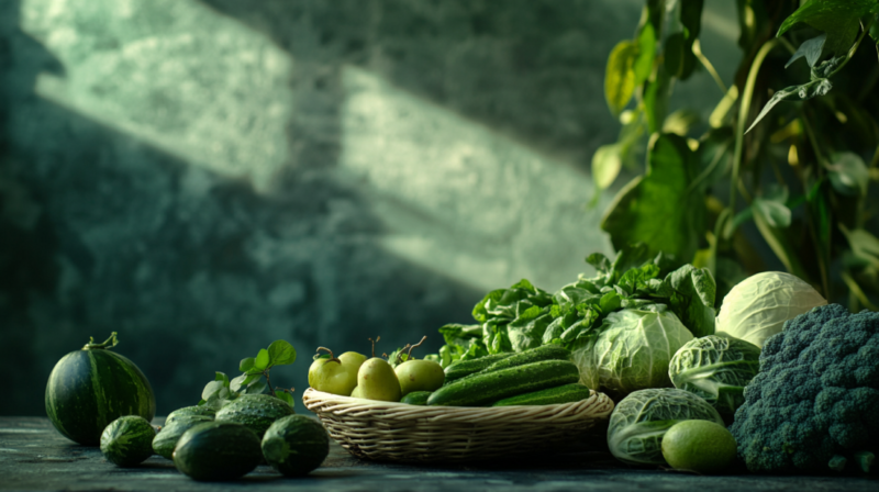 A Basket of Fresh Green Vegetables and Fruits, Representing Healthy Food Choices for A Yogic Diet