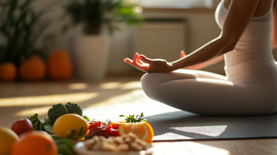 Person Meditating with Fruits and Vegetables Nearby, Showing a Yogic Diet