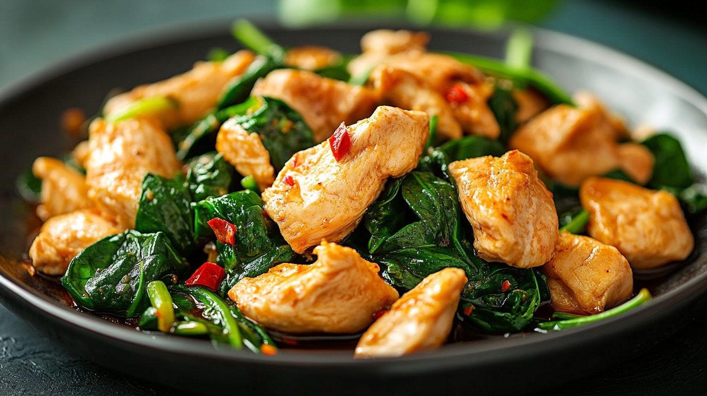 A plate of cooked chicken pieces with sautéed spinach and red chili flakes