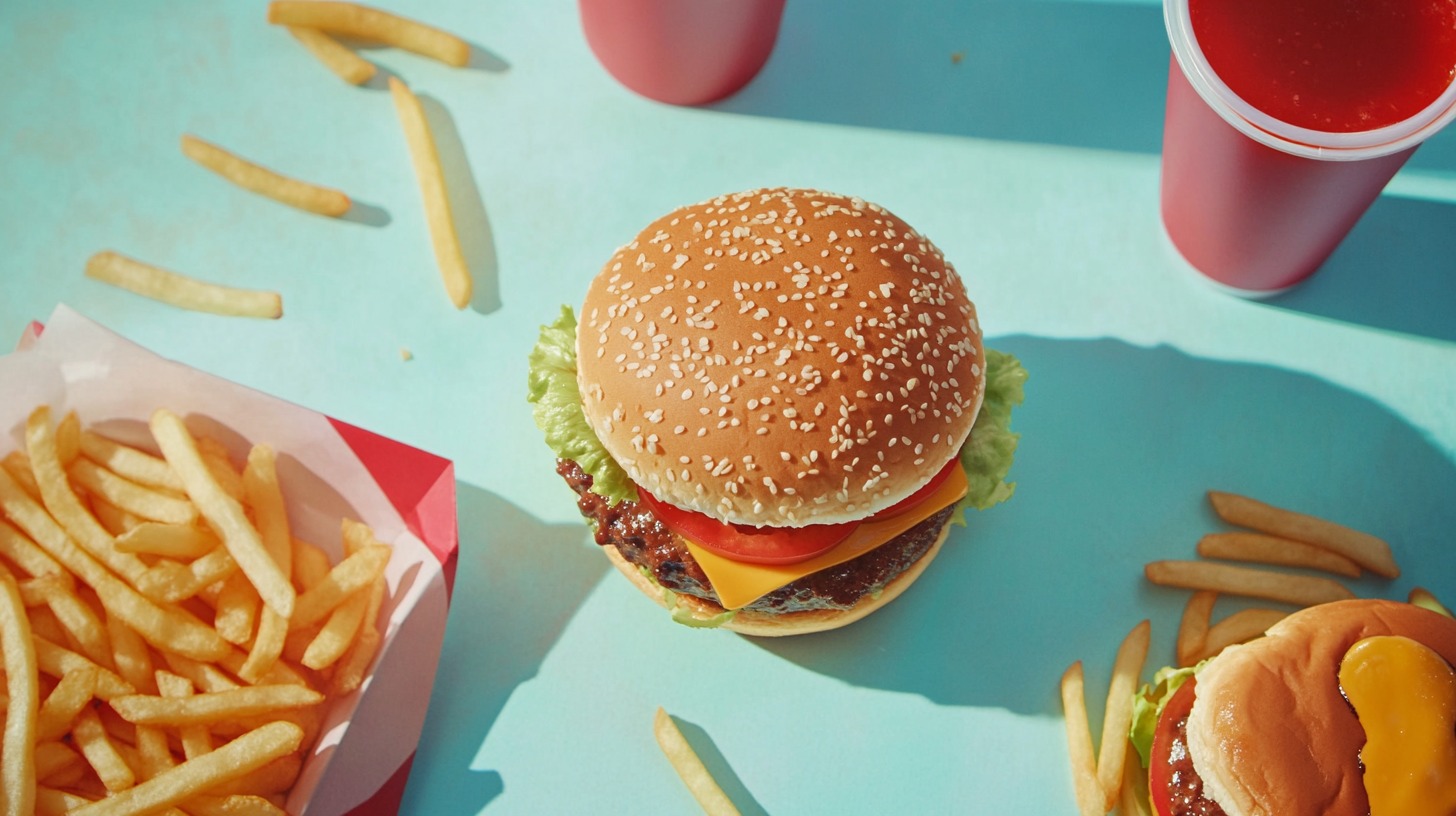 Fast food meal with a cheeseburger, french fries, and soda on a light blue surface