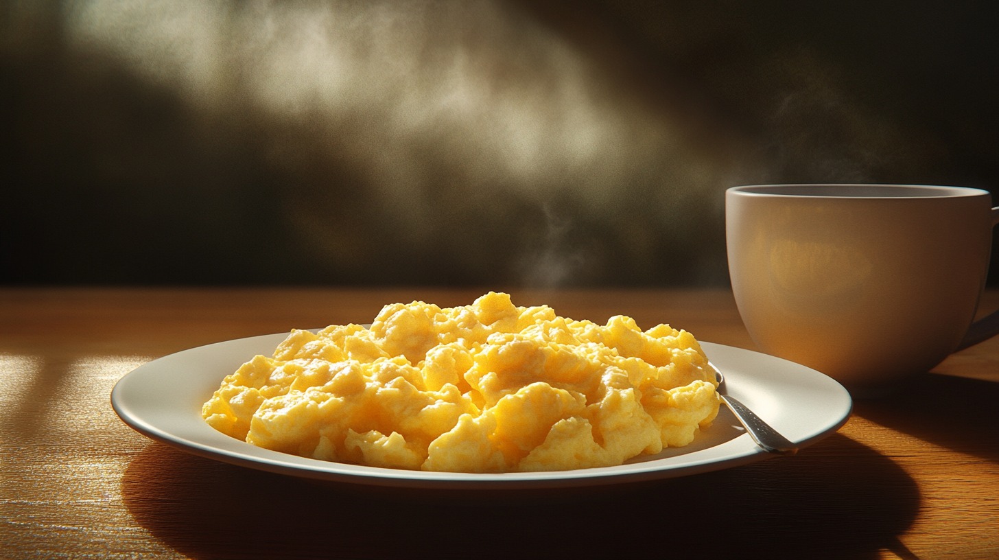 A plate of fluffy scrambled eggs with steam rising, accompanied by a cup of coffee on a wooden table