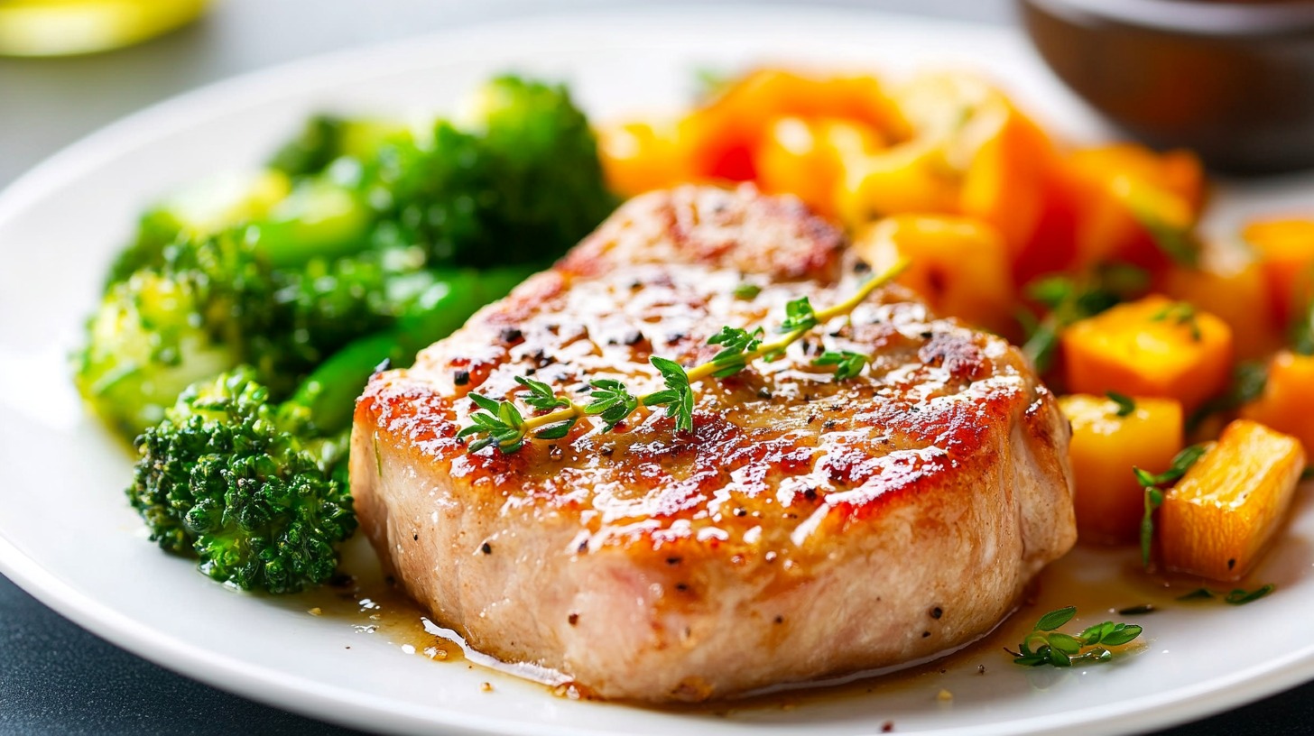 Grilled pork chop garnished with thyme, alongside steamed broccoli and roasted sweet potatoes