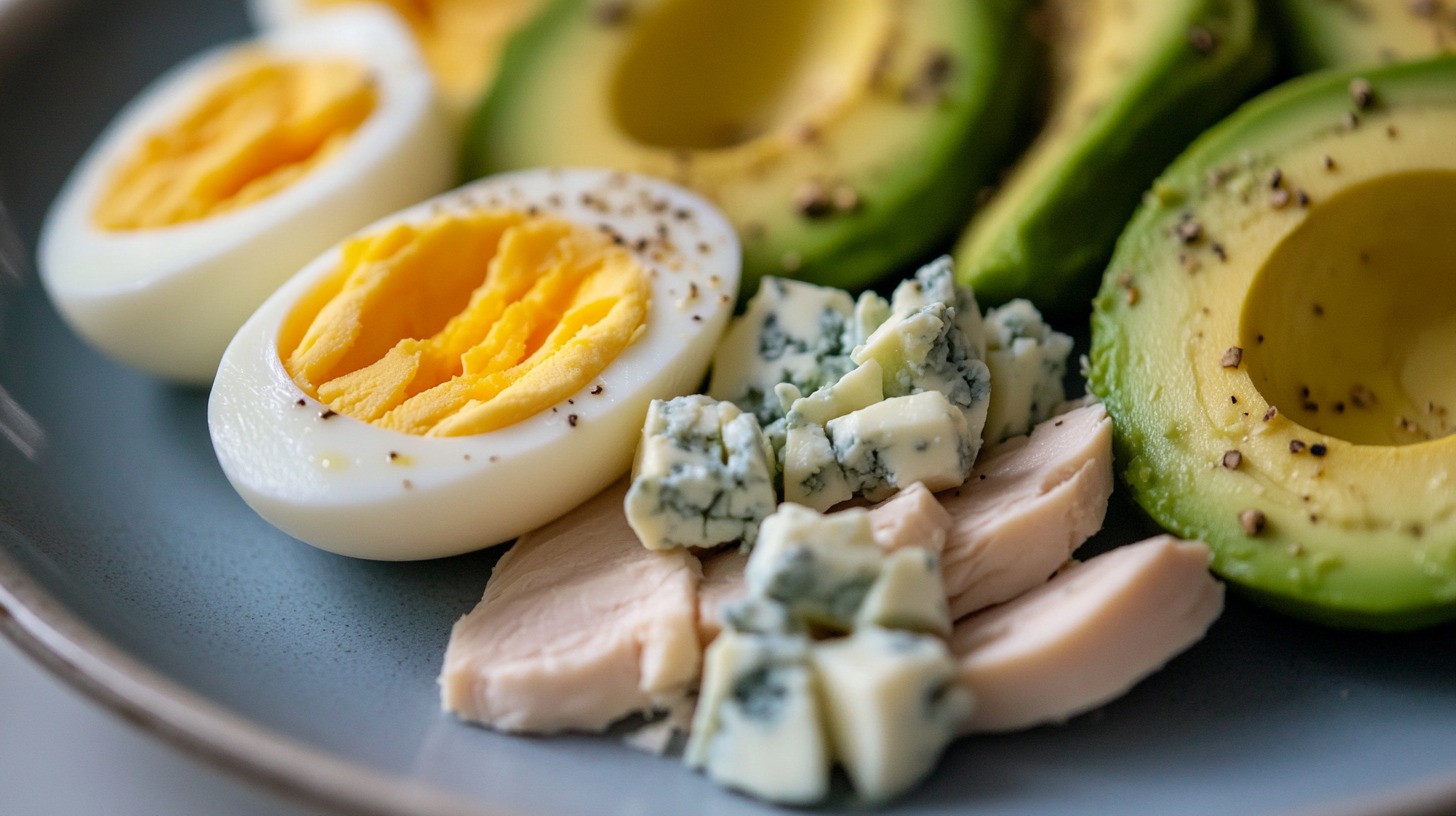 Plate featuring sliced avocado, hard-boiled eggs, blue cheese crumbles, and sliced chicken, seasoned with pepper