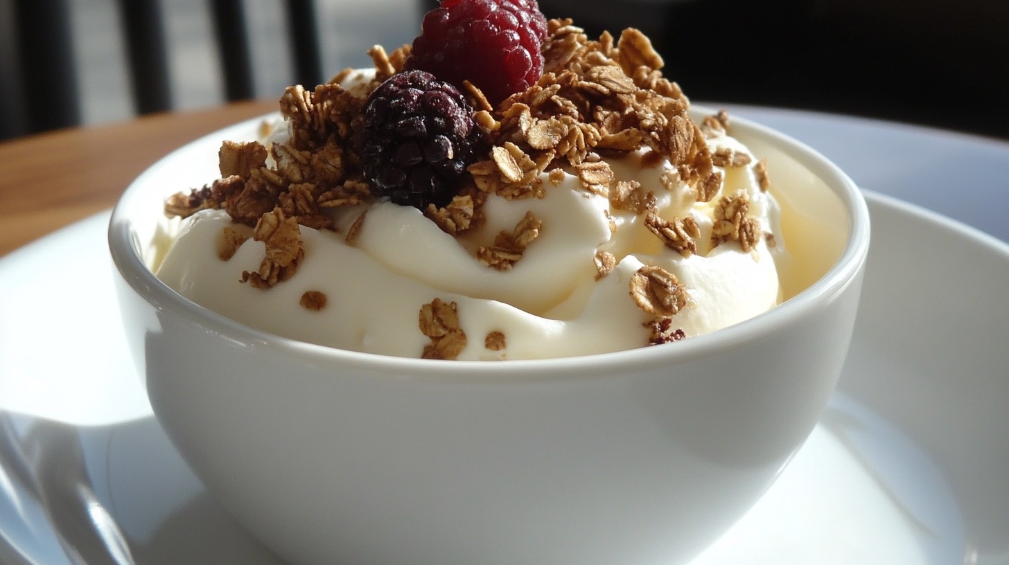 yogurt topped with granola, raspberries, and blackberries served in a white dish