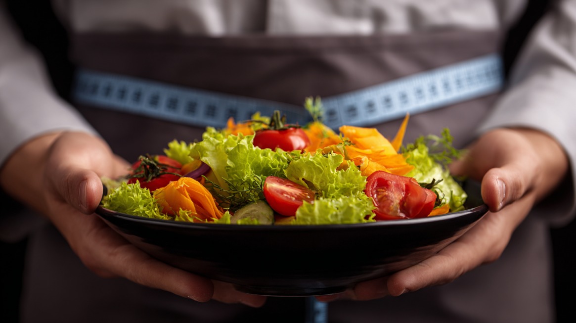 Person holding a bowl of fresh salad with lettuce, tomatoes, cucumbers, and carrots, wearing an apron and a measuring tape around the waist