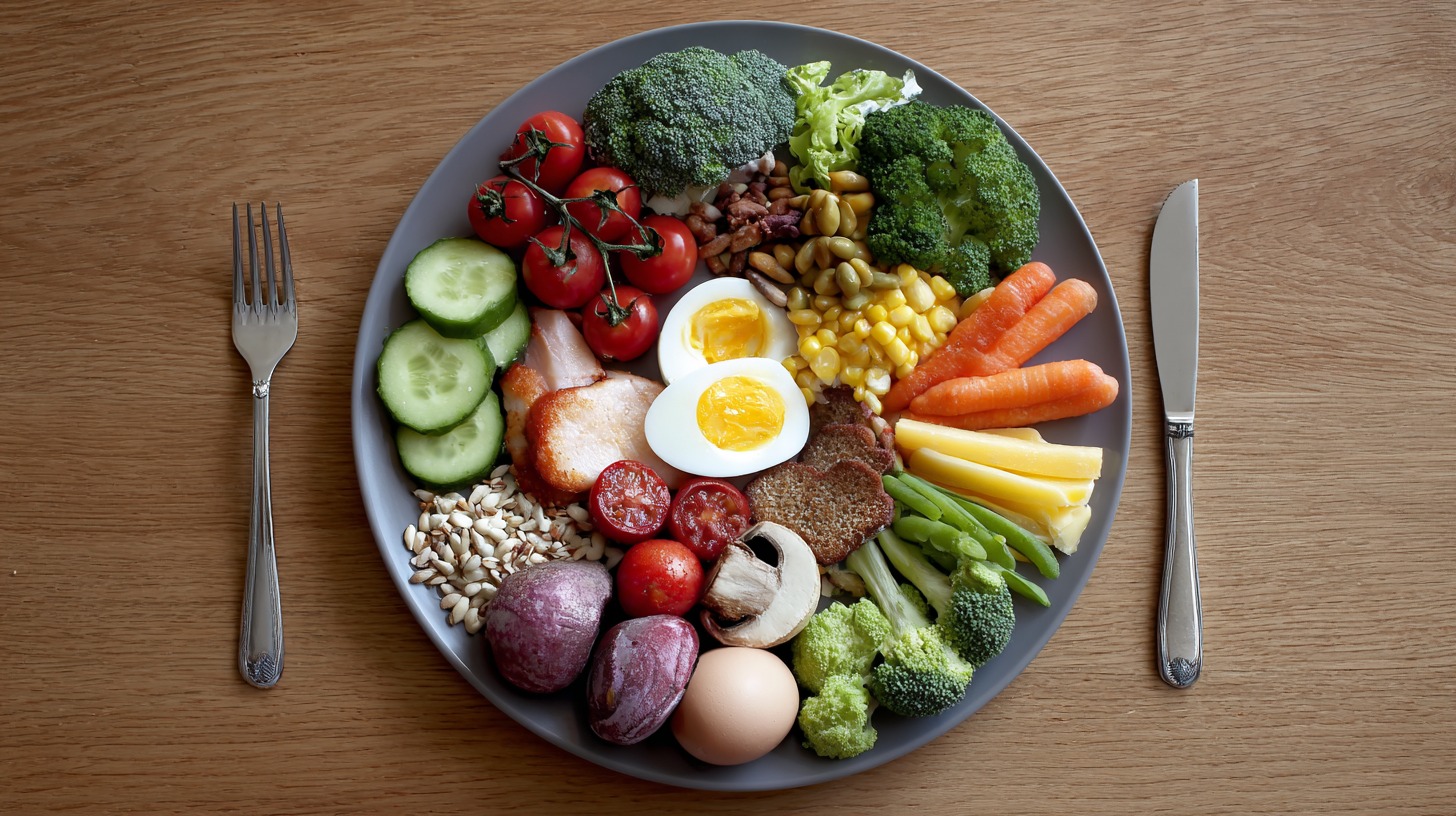 A balanced plate filled with eggs, vegetables, fruits, nuts, seeds, cheese, and lean protein, arranged neatly on a wooden table with cutlery