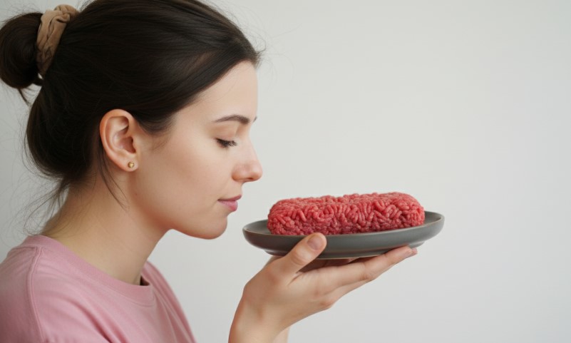 A woman holds a plate with a piece of meat