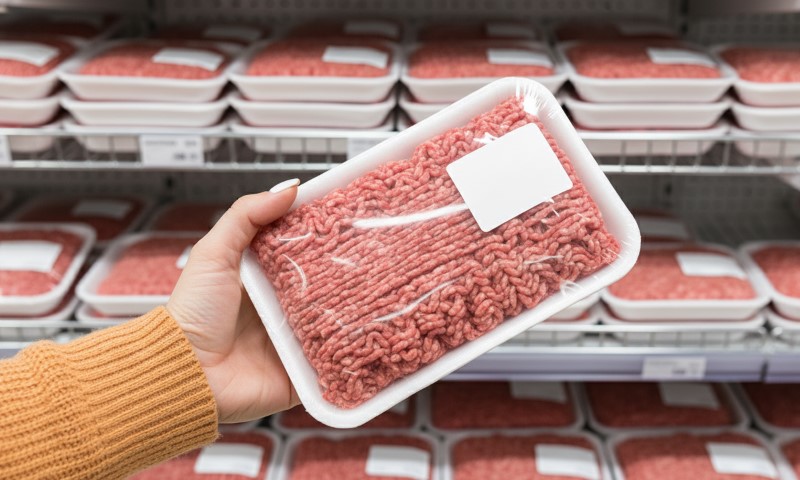 A person holding a tray of ground beef in front of a shelf filled with various food items