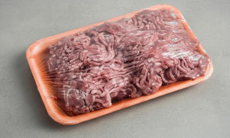 Raw ground beef in a clear plastic container