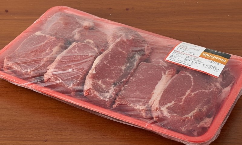 Raw, vacuum-sealed steaks displayed on a red foam tray resting on a wooden surface