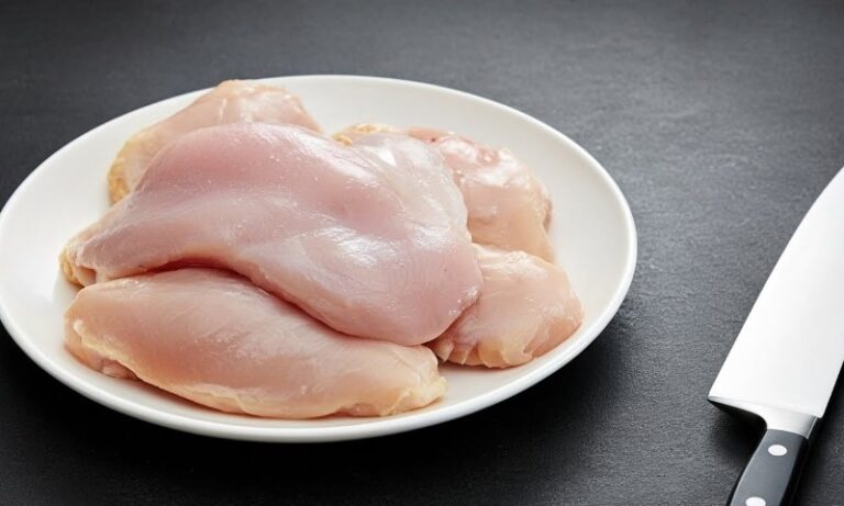 Raw chicken breast on a white plate with a knife placed beside it