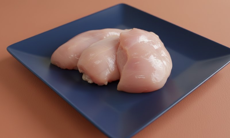 Three raw chicken breasts arranged neatly on a blue plate