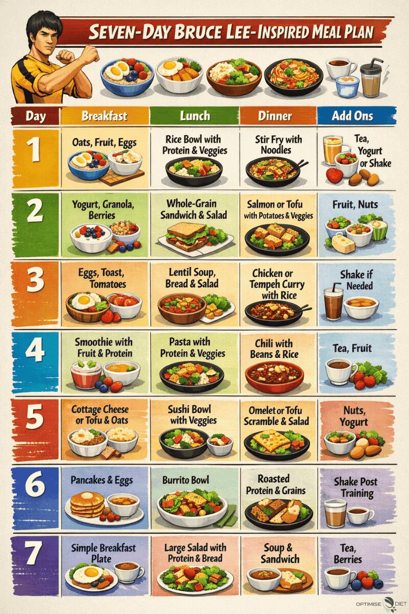 Seven-day Bruce Lee-inspired meal plan showing balanced breakfasts, lunches, dinners, and add-ons