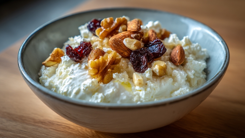 Bowl of cottage cheese topped with nuts and dried fruit as a high-protein snack for strength athletes